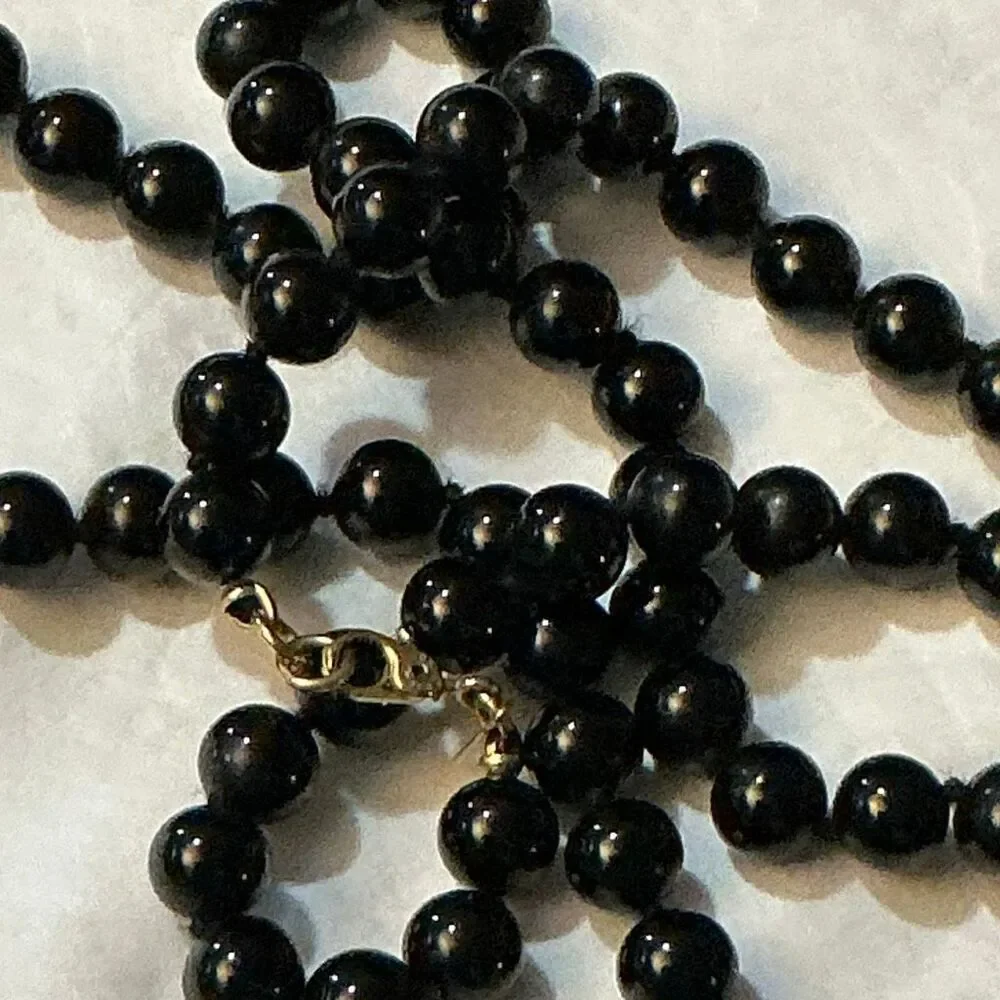 Vintage Monet 28” Black Bead Necklace Long Strand Gold Tone‎ Signed Classic